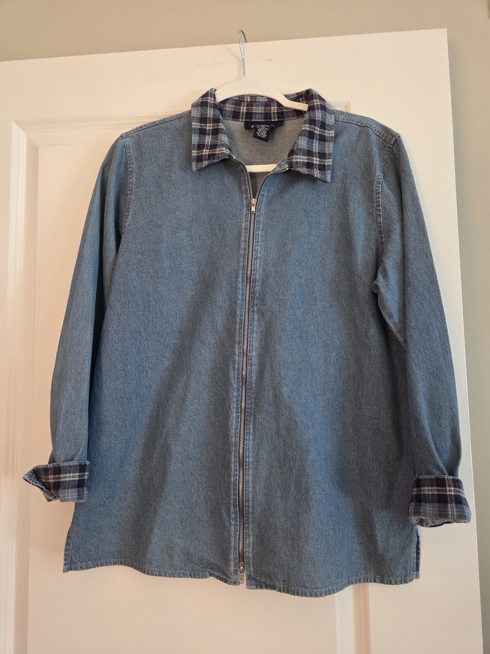 Denim&Co Blue Denim Zip-Front Jacket with Plaid Trim